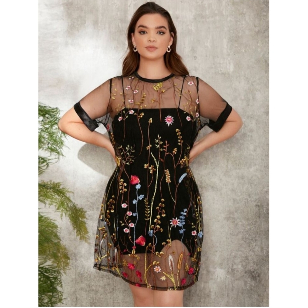 Shein Floral Embroidery Mesh Sheer Dress Without Camisole